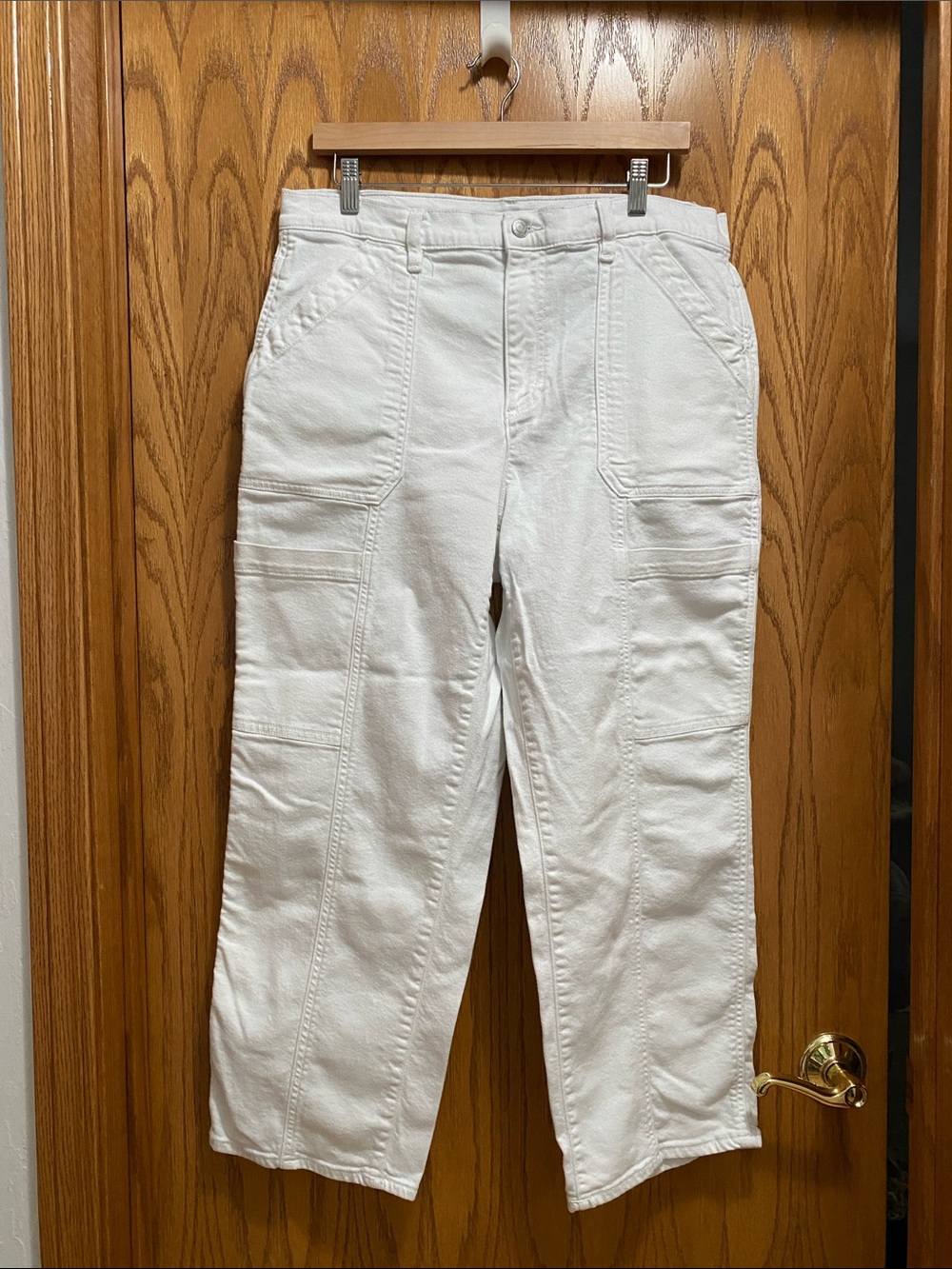 Lands' End White Denim Cargo Crop Pants Size 14